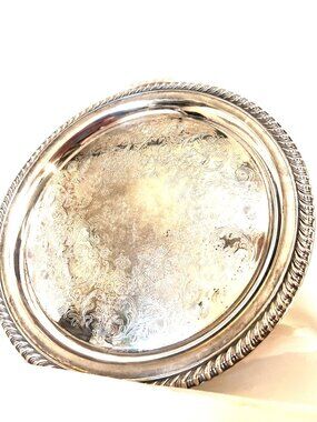 Wm. Rogers Silver Plated 10" Round Vintage Serving Tray-Platter-Floral Etched